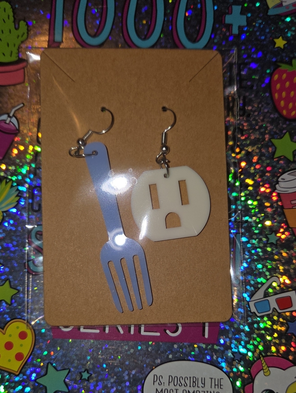 Cute Fork and Outlet Dangle Earrings in Light Blue and White